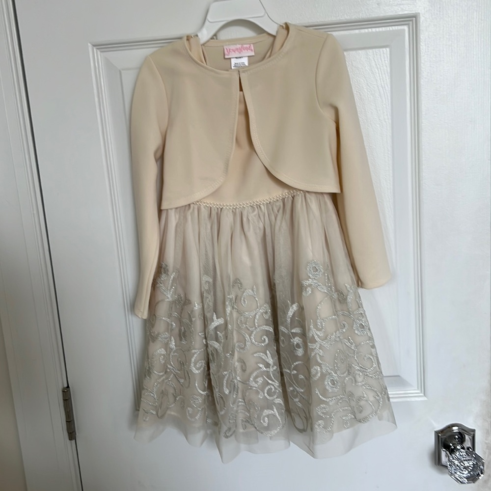 Youngland Cream Dress with Tulle overlay and silver embroidery Size 5